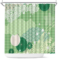 Green Palaka Japanese Patterns Shower Curtain Asanoha Seigaiha Sakura Motif - Polynesian Pride