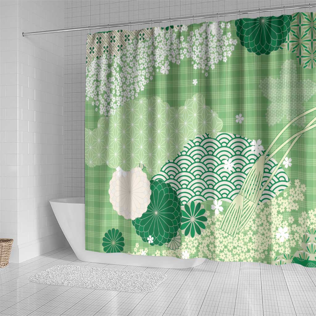 Green Palaka Japanese Patterns Shower Curtain Asanoha Seigaiha Sakura Motif - Polynesian Pride