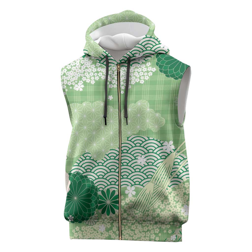 Green Palaka Japanese Patterns Sleeveless Zip Hoodie Asanoha Seigaiha Sakura Motif - Polynesian Pride