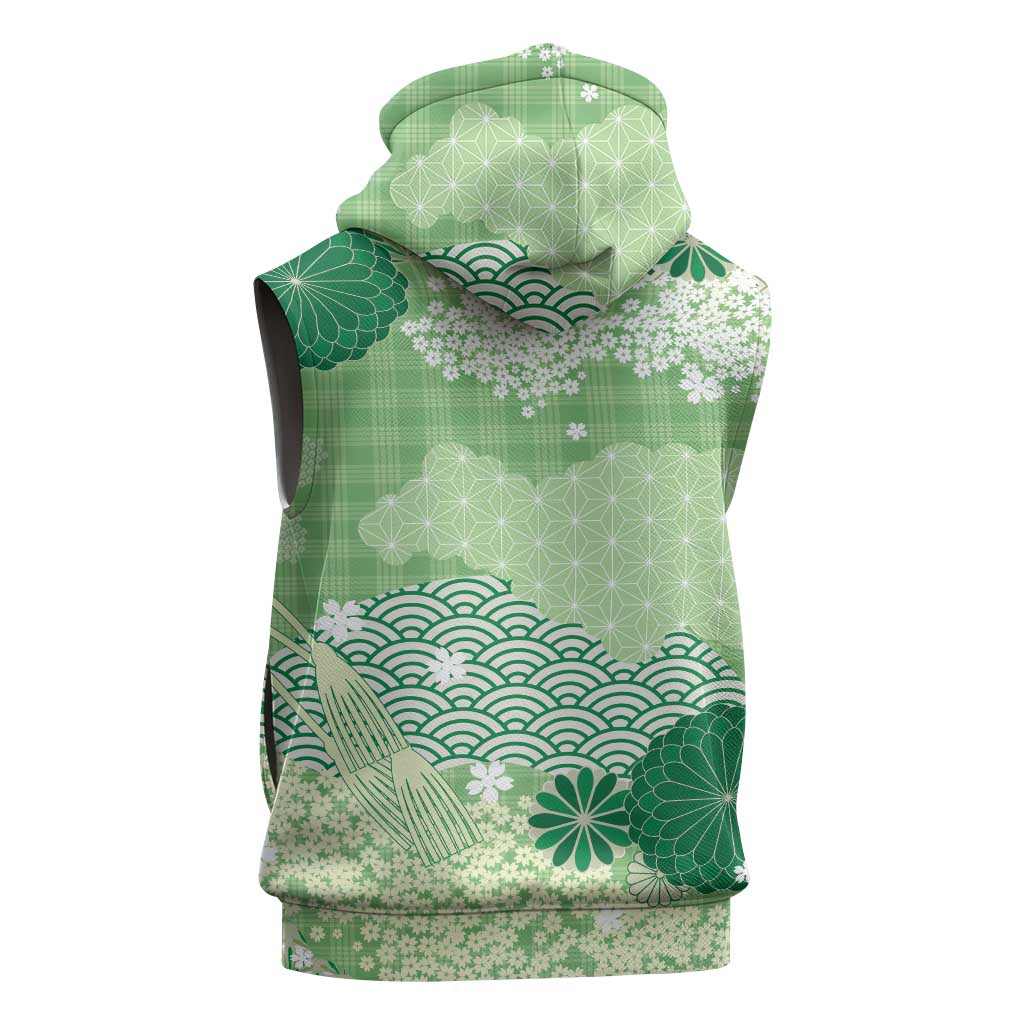 Green Palaka Japanese Patterns Sleeveless Zip Hoodie Asanoha Seigaiha Sakura Motif - Polynesian Pride