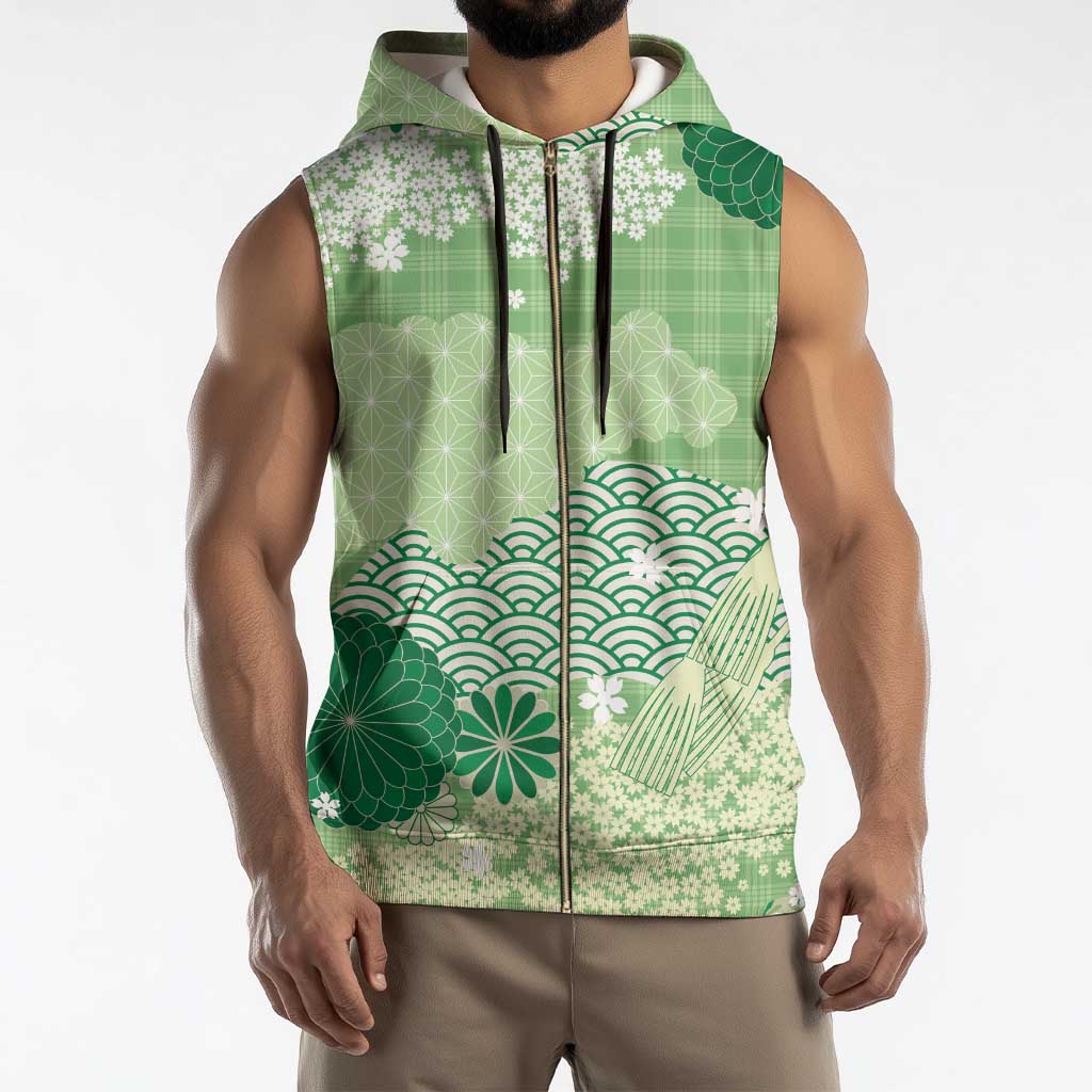 Green Palaka Japanese Patterns Sleeveless Zip Hoodie Asanoha Seigaiha Sakura Motif - Polynesian Pride