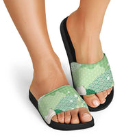 Green Palaka Japanese Patterns Slide Sandals Asanoha Seigaiha Sakura Motif - Polynesian Pride