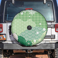 Green Palaka Japanese Patterns Spare Tire Cover Asanoha Seigaiha Sakura Motif - Polynesian Pride