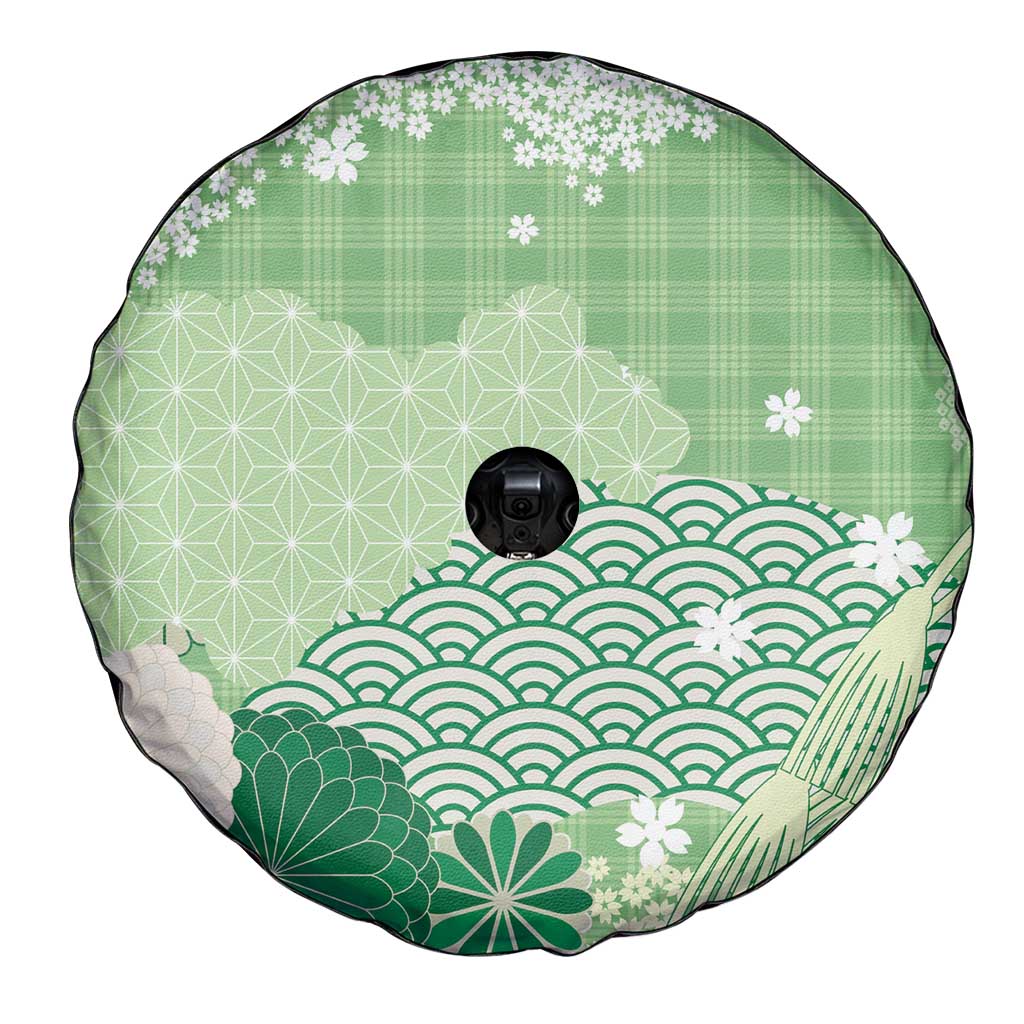 Green Palaka Japanese Patterns Spare Tire Cover Asanoha Seigaiha Sakura Motif - Polynesian Pride