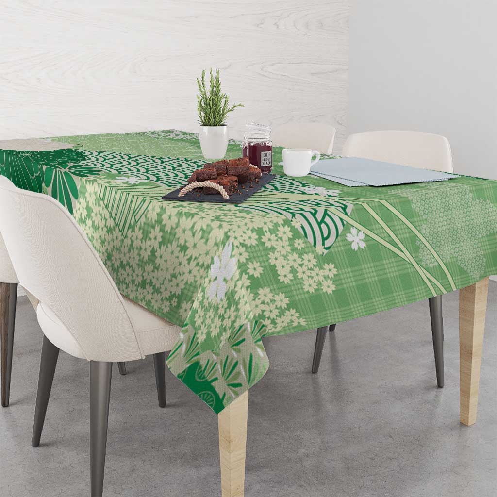 Green Palaka Japanese Patterns Tablecloth Asanoha Seigaiha Sakura Motif - Polynesian Pride