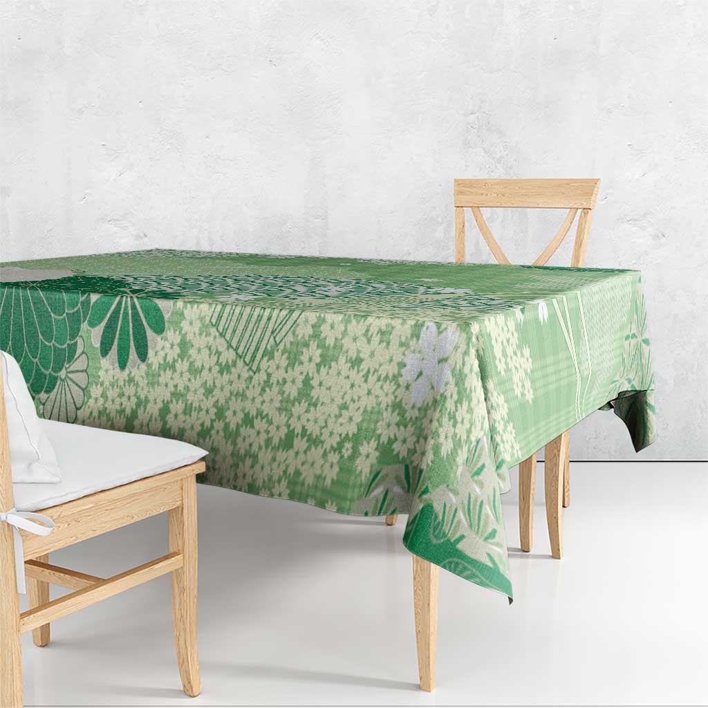 Green Palaka Japanese Patterns Tablecloth Asanoha Seigaiha Sakura Motif - Polynesian Pride