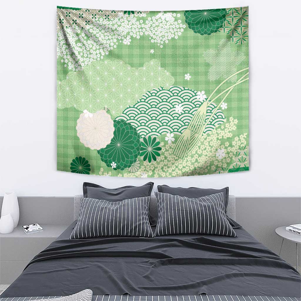 Green Palaka Japanese Patterns Tapestry Asanoha Seigaiha Sakura Motif - Polynesian Pride