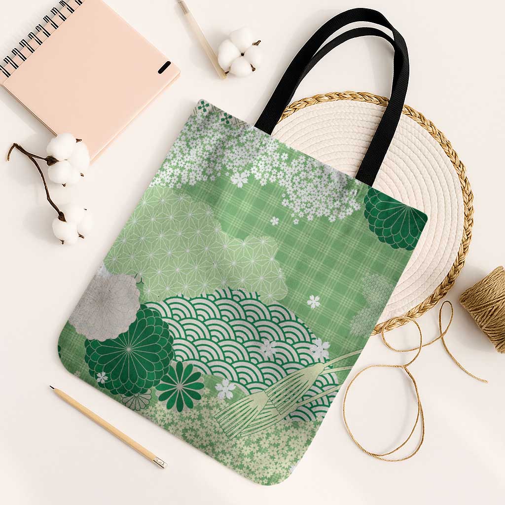 Green Palaka Japanese Patterns Tote Bag Asanoha Seigaiha Sakura Motif - Polynesian Pride