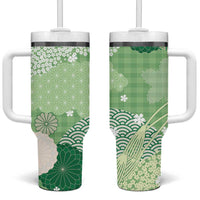 Green Palaka Japanese Patterns Tumbler With Handle Asanoha Seigaiha Sakura Motif - Polynesian Pride