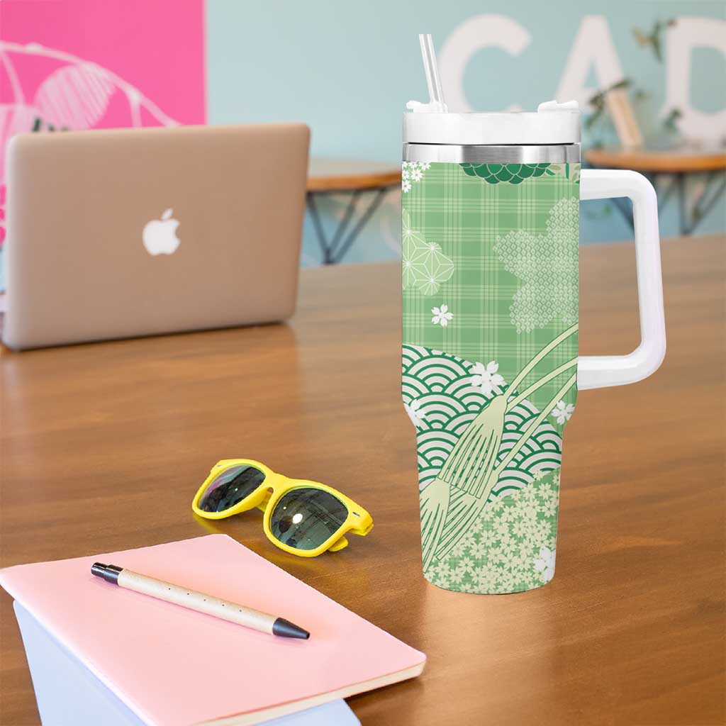 Green Palaka Japanese Patterns Tumbler With Handle Asanoha Seigaiha Sakura Motif - Polynesian Pride