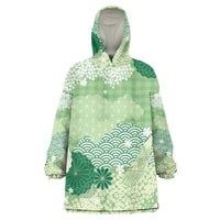 Green Palaka Japanese Patterns Wearable Blanket Hoodie Asanoha Seigaiha Sakura Motif - Polynesian Pride