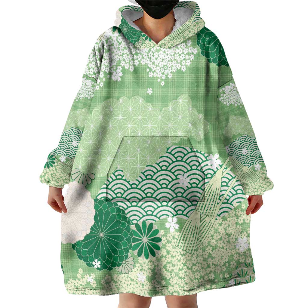 Green Palaka Japanese Patterns Wearable Blanket Hoodie Asanoha Seigaiha Sakura Motif - Polynesian Pride