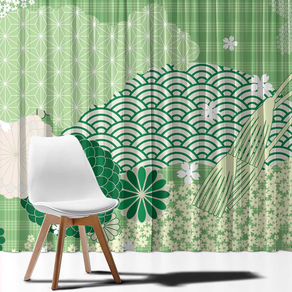 Green Palaka Japanese Patterns Window Curtain Asanoha Seigaiha Sakura Motif - Polynesian Pride
