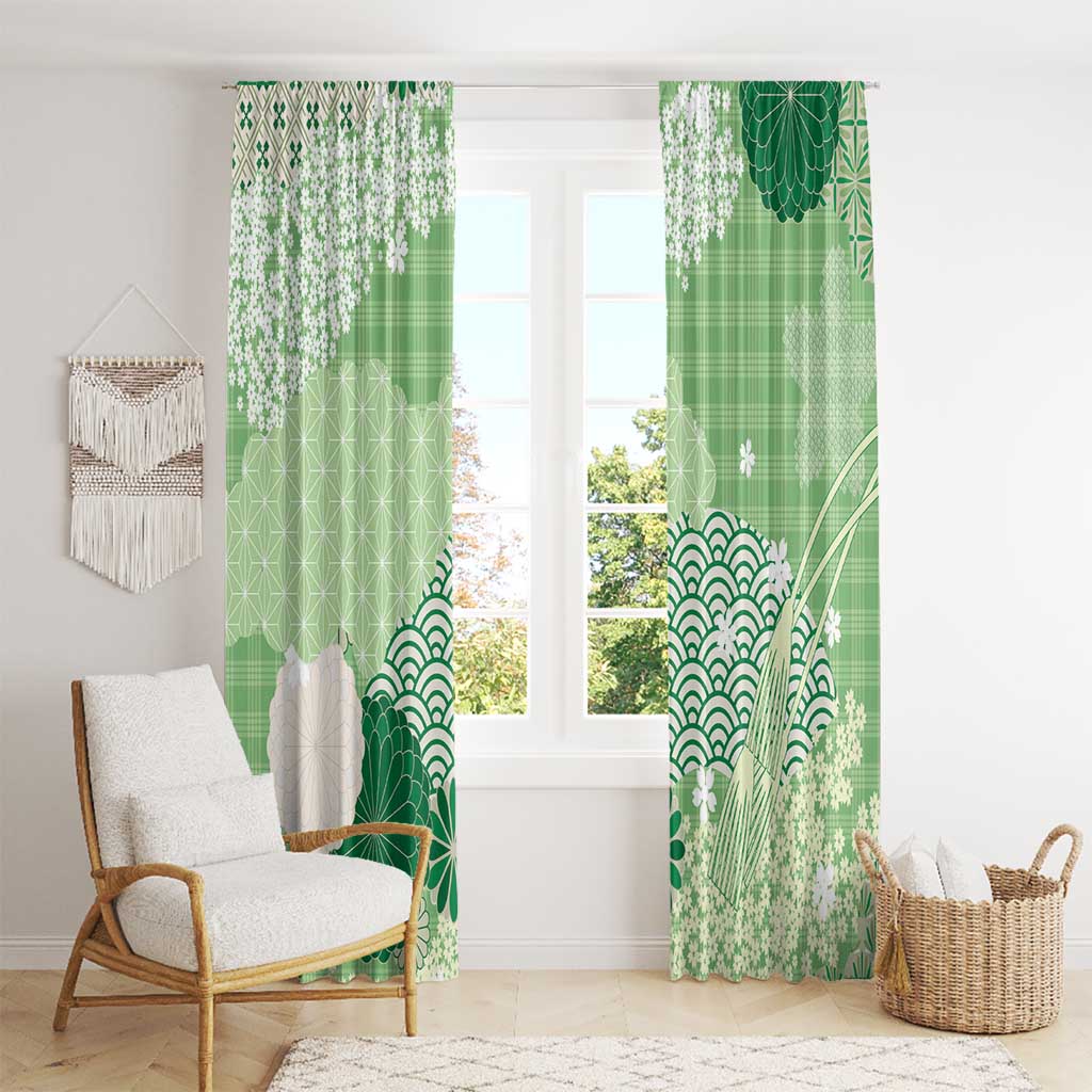 Green Palaka Japanese Patterns Window Curtain Asanoha Seigaiha Sakura Motif - Polynesian Pride