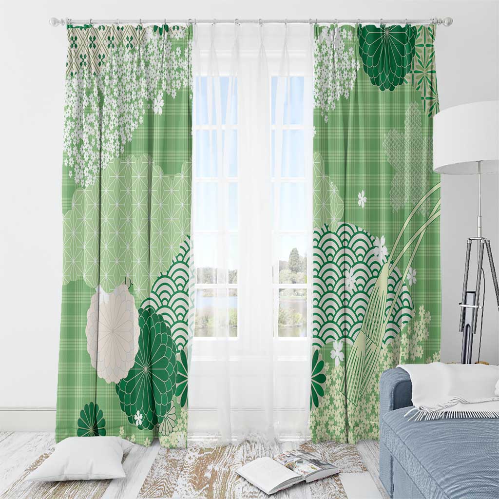 Green Palaka Japanese Patterns Window Curtain Asanoha Seigaiha Sakura Motif - Polynesian Pride
