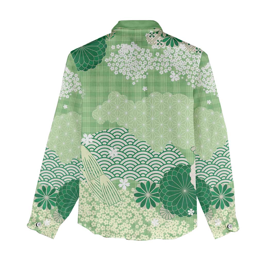 Green Palaka Japanese Patterns Women Casual Shirt Asanoha Seigaiha Sakura Motif - Polynesian Pride