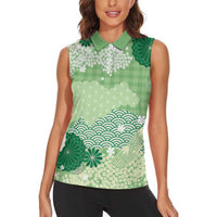 Green Palaka Japanese Patterns Women Sleeveless Polo Shirt Asanoha Seigaiha Sakura Motif - Polynesian Pride
