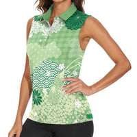 Green Palaka Japanese Patterns Women Sleeveless Polo Shirt Asanoha Seigaiha Sakura Motif - Polynesian Pride