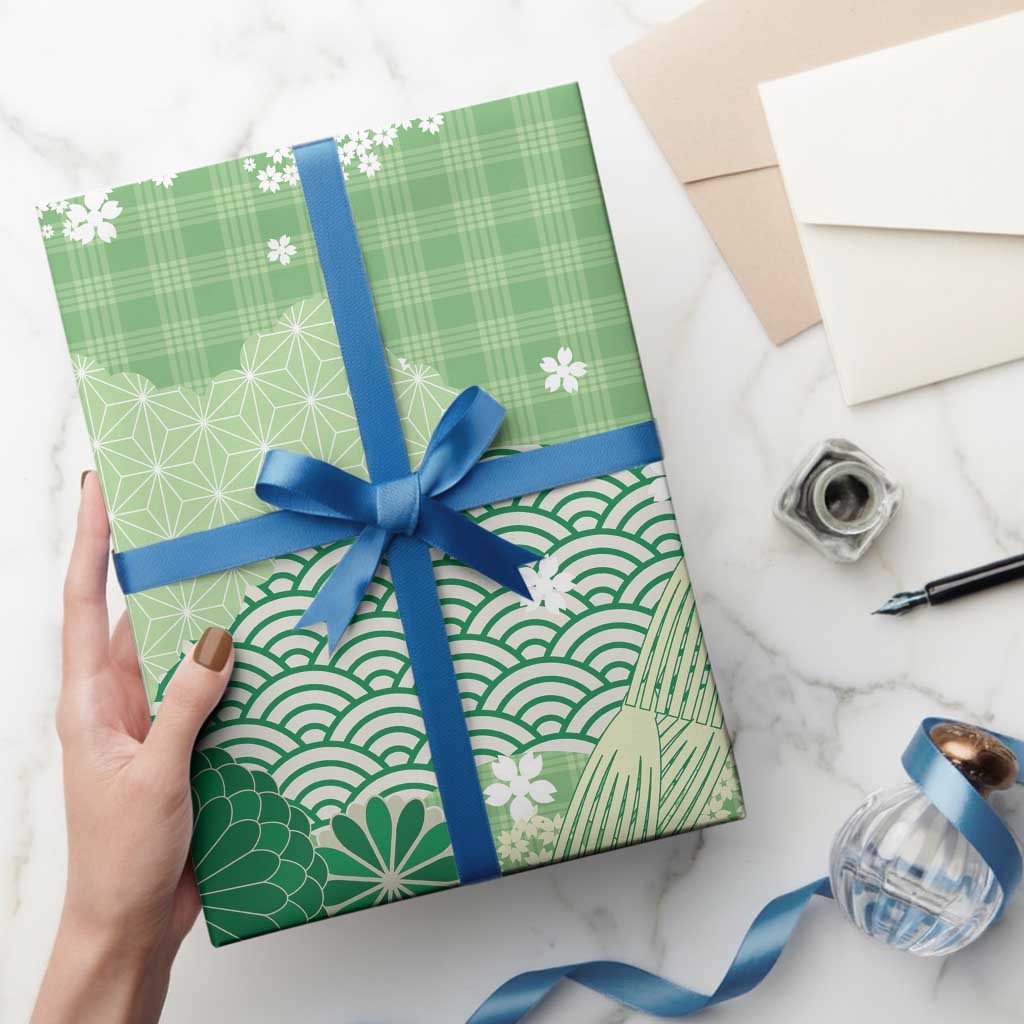 Green Palaka Japanese Patterns Wrapping Paper Asanoha Seigaiha Sakura Motif - Polynesian Pride
