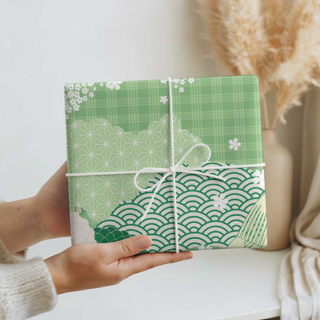 Green Palaka Japanese Patterns Wrapping Paper Asanoha Seigaiha Sakura Motif - Polynesian Pride