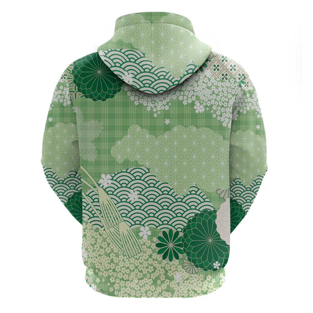 Green Palaka Japanese Patterns Zip Hoodie Asanoha Seigaiha Sakura Motif - Polynesian Pride