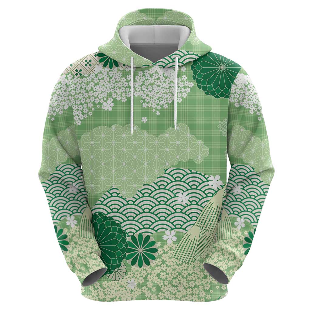 Green Palaka Japanese Patterns Zip Hoodie Asanoha Seigaiha Sakura Motif - Polynesian Pride