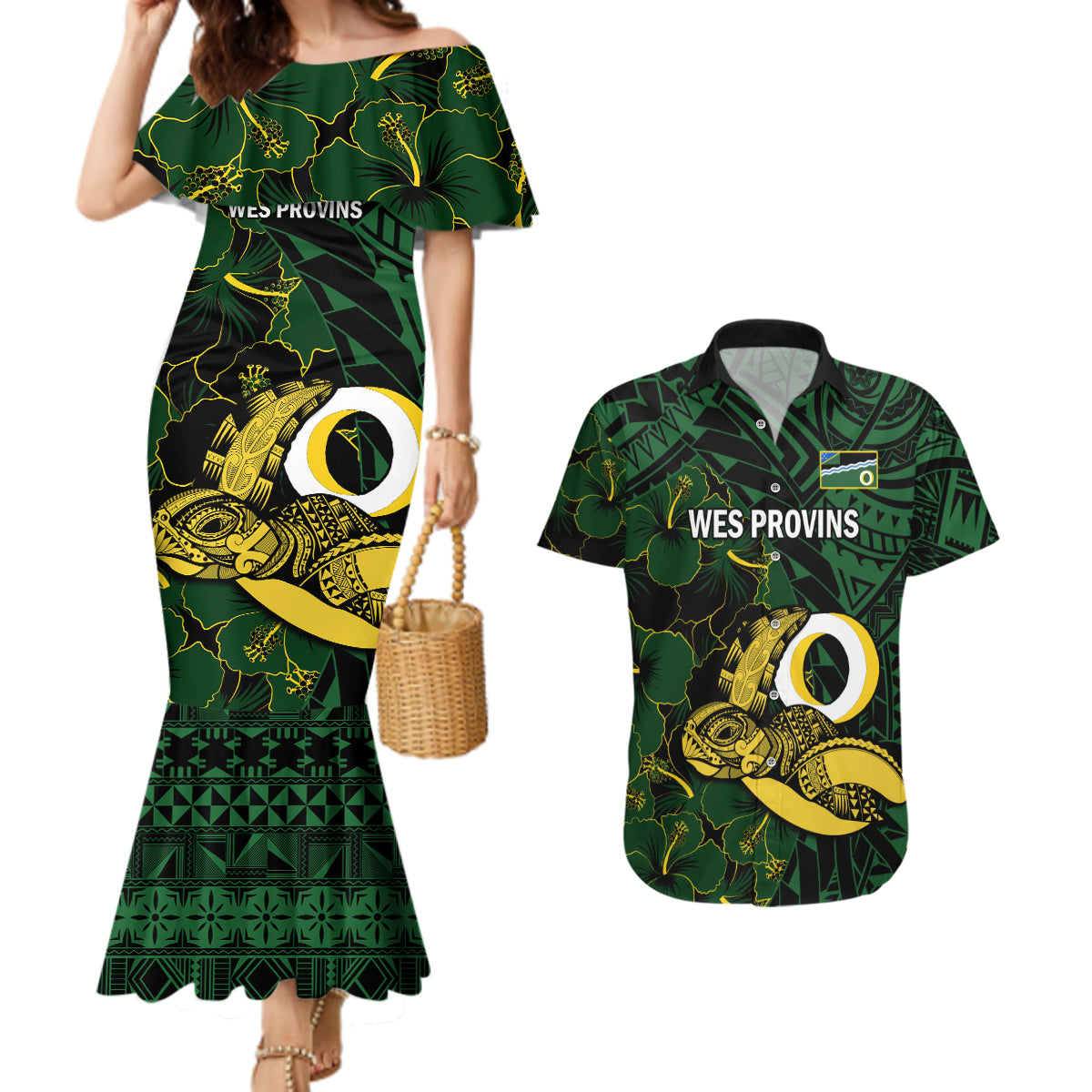 Personalised Solomon Islands Western Province Day Couples Matching Mermaid Dress and Hawaiian Shirt Sea Turtle Mix Polynesian Hibiscus Pattern LT14 Green - Polynesian Pride