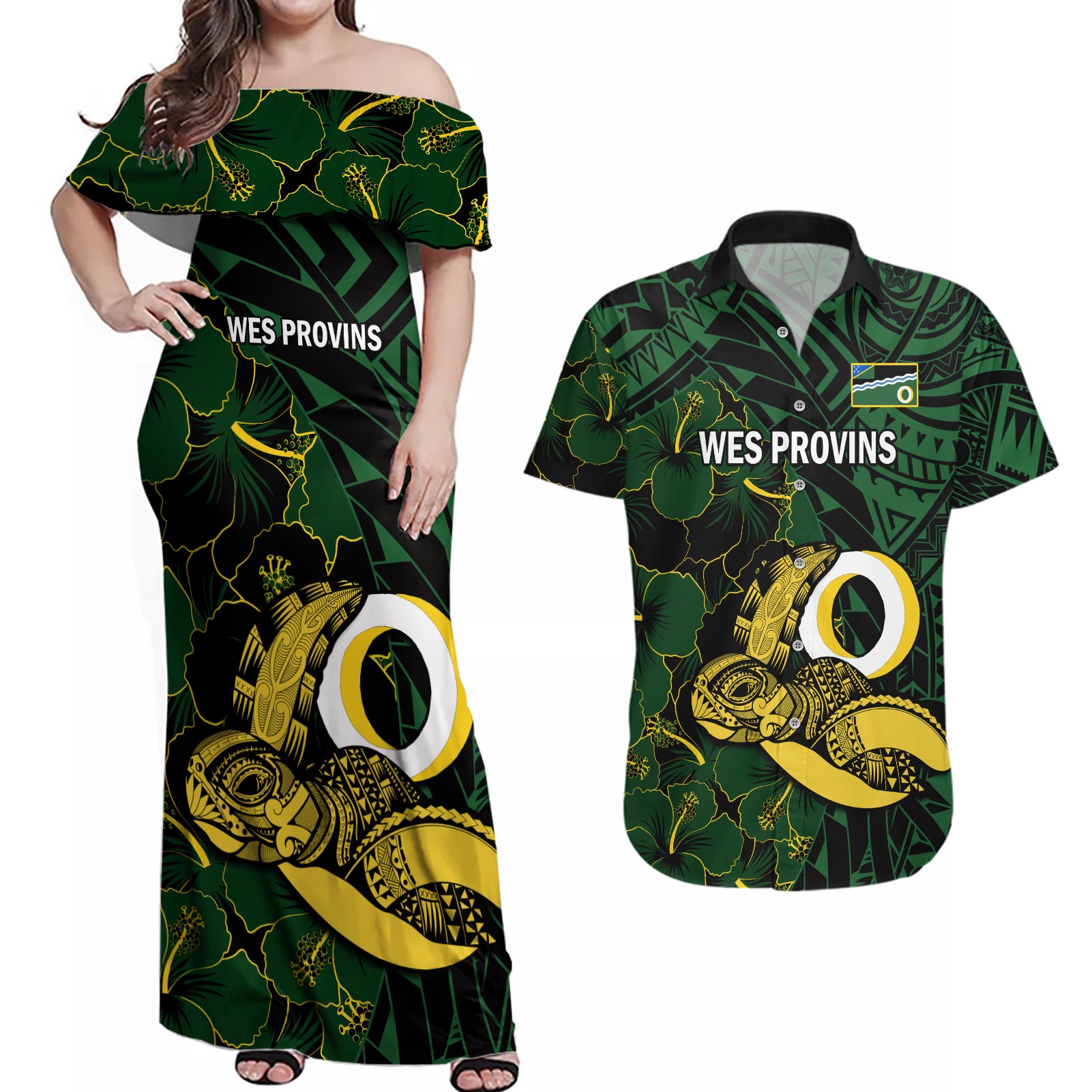 Personalised Solomon Islands Western Province Day Couples Matching Off Shoulder Maxi Dress and Hawaiian Shirt Sea Turtle Mix Polynesian Hibiscus Pattern LT14 Green - Polynesian Pride