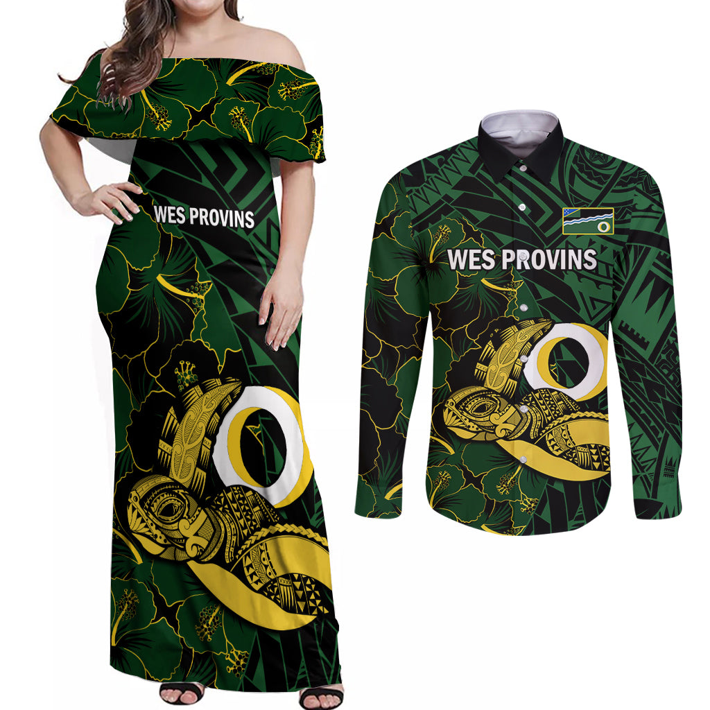 Personalised Solomon Islands Western Province Day Couples Matching Off Shoulder Maxi Dress and Long Sleeve Button Shirt Sea Turtle Mix Polynesian Hibiscus Pattern LT14 Green - Polynesian Pride