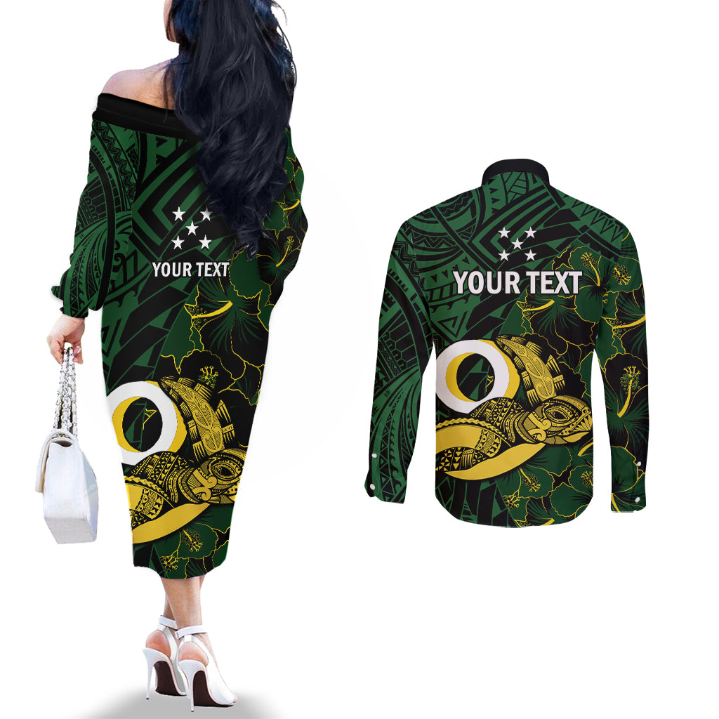 Personalised Solomon Islands Western Province Day Couples Matching Off The Shoulder Long Sleeve Dress and Long Sleeve Button Shirt Sea Turtle Mix Polynesian Hibiscus Pattern LT14 - Polynesian Pride