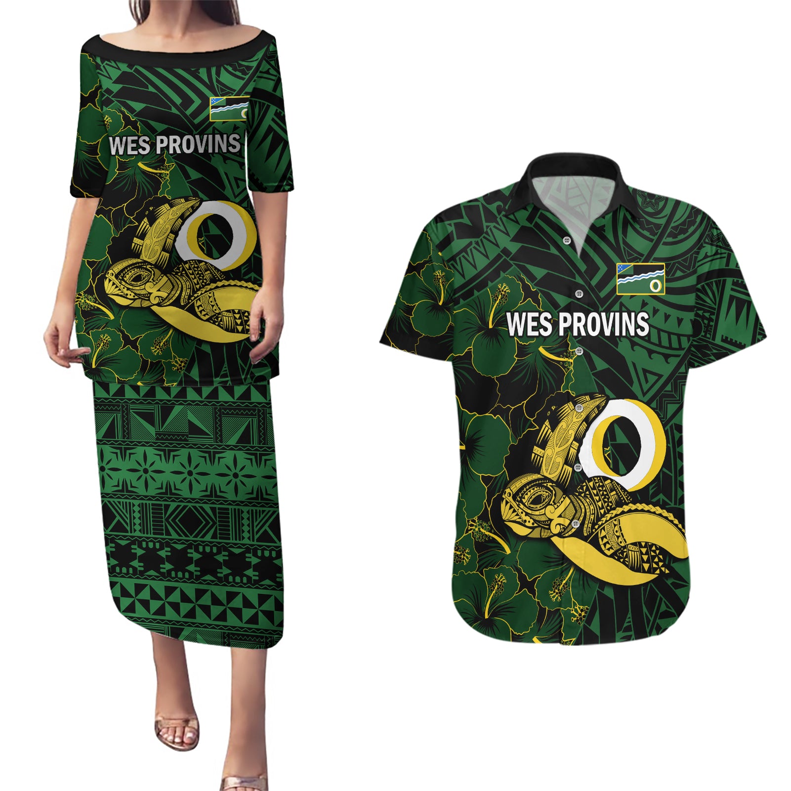 Personalised Solomon Islands Western Province Day Couples Matching Puletasi Dress and Hawaiian Shirt Sea Turtle Mix Polynesian Hibiscus Pattern LT14 Green - Polynesian Pride