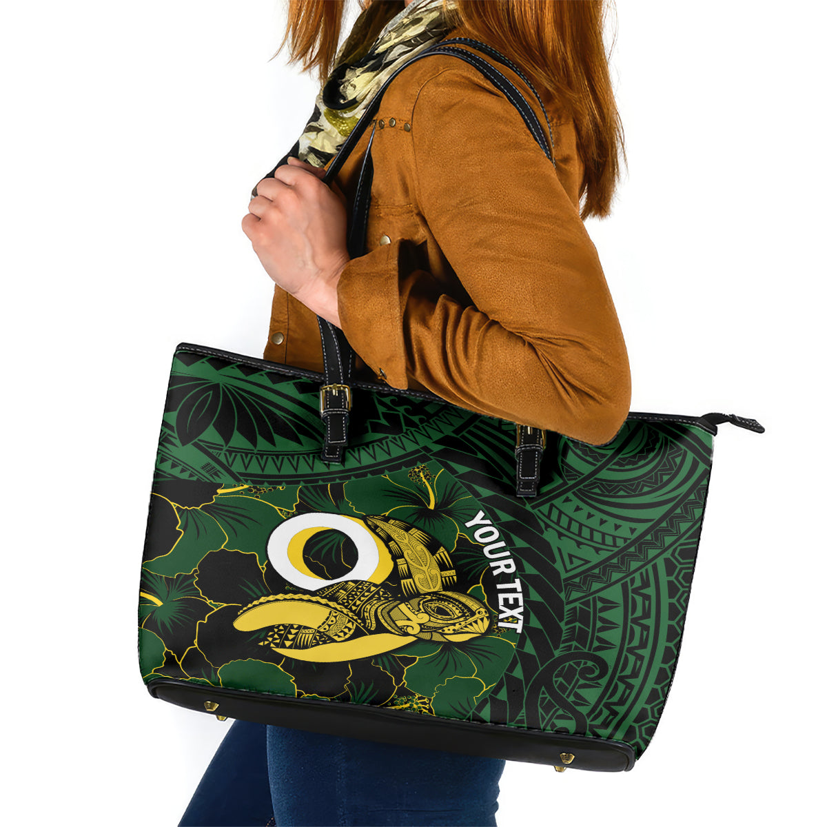 Personalised Solomon Islands Western Province Day Leather Tote Bag Sea Turtle Mix Polynesian Hibiscus Pattern LT14 Green - Polynesian Pride