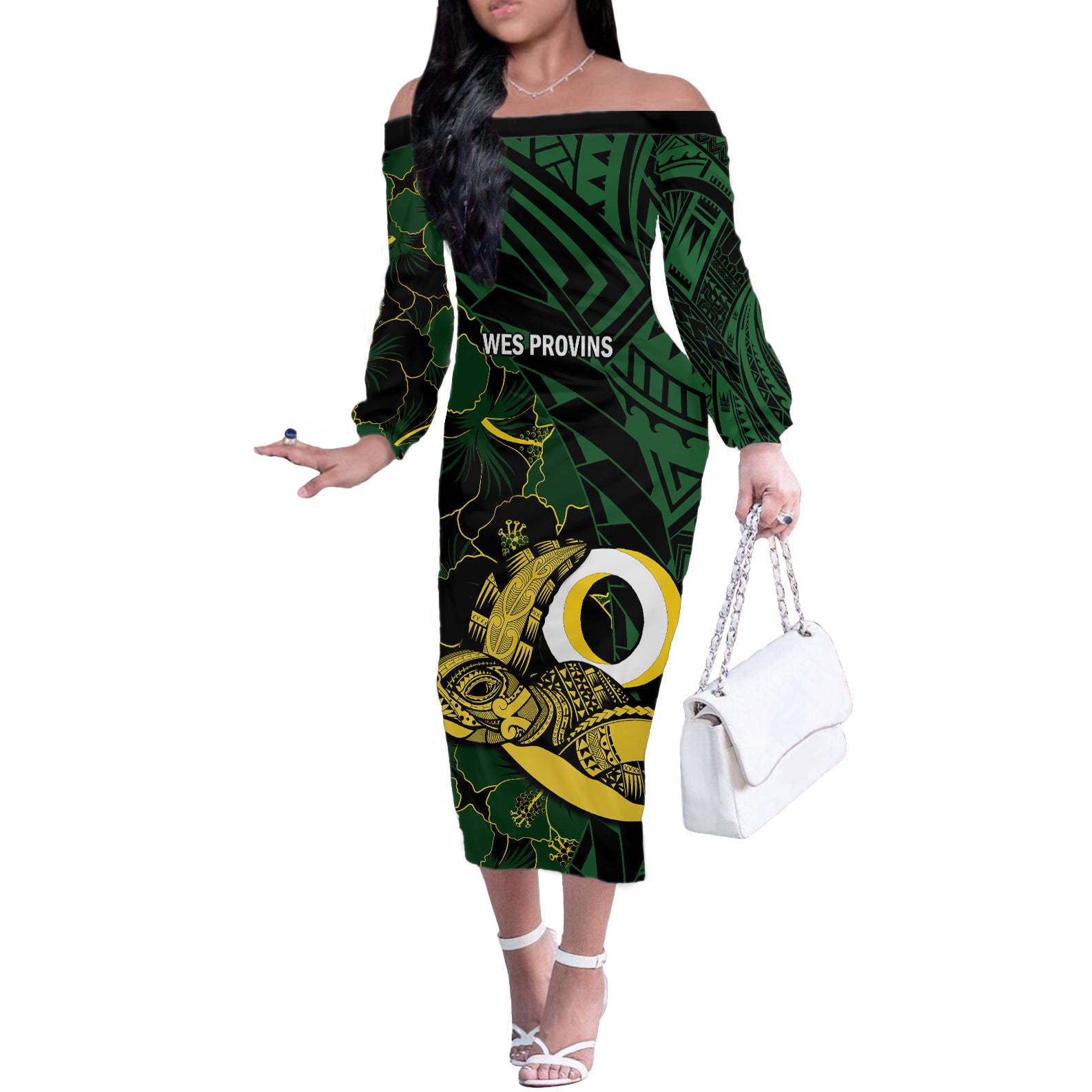 Personalised Solomon Islands Western Province Day Off The Shoulder Long Sleeve Dress Sea Turtle Mix Polynesian Hibiscus Pattern LT14 Women Green - Polynesian Pride