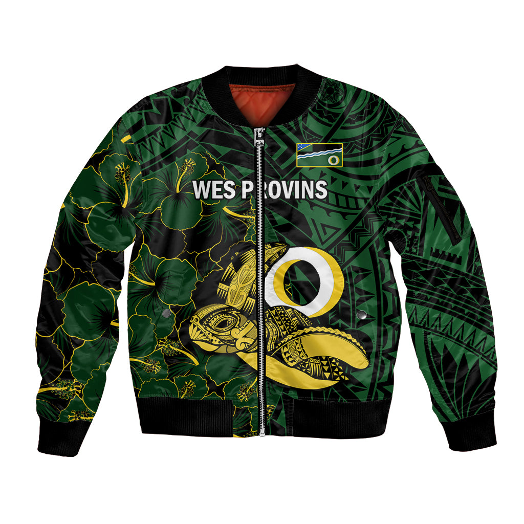 Personalised Solomon Islands Western Province Day Sleeve Zip Bomber Jacket Sea Turtle Mix Polynesian Hibiscus Pattern LT14 Unisex Green - Polynesian Pride
