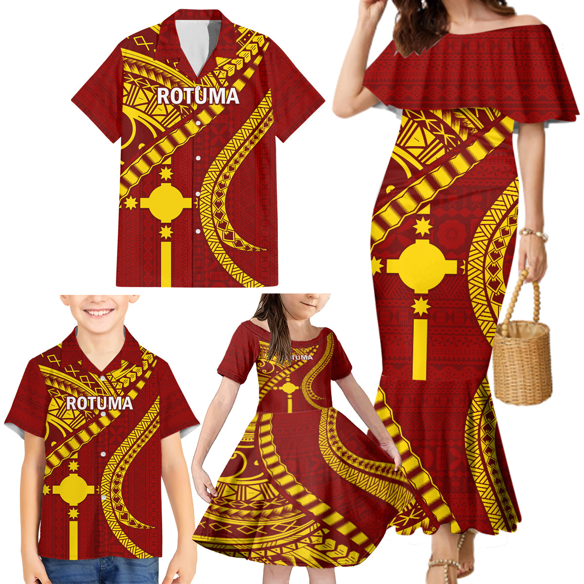 Personalised Fiji Rotuma Family Matching Mermaid Dress and Hawaiian Shirt Fijian Tapa Pattern LT14 - Polynesian Pride