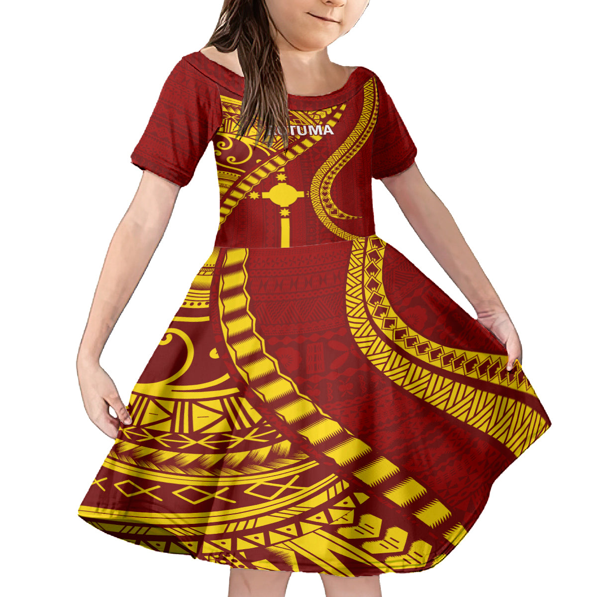 Personalised Fiji Rotuma Family Matching Off Shoulder Maxi Dress and Hawaiian Shirt Fijian Tapa Pattern LT14 Daughter's Dress Maroon - Polynesian Pride