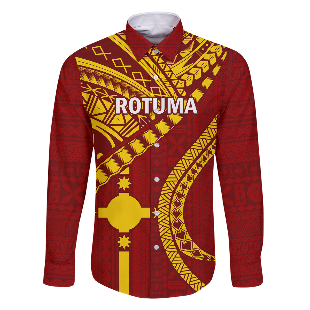 Personalised Fiji Rotuma Family Matching Off Shoulder Short Dress and Hawaiian Shirt Fijian Tapa Pattern LT14 Dad's Shirt - Long Sleeve Maroon - Polynesian Pride
