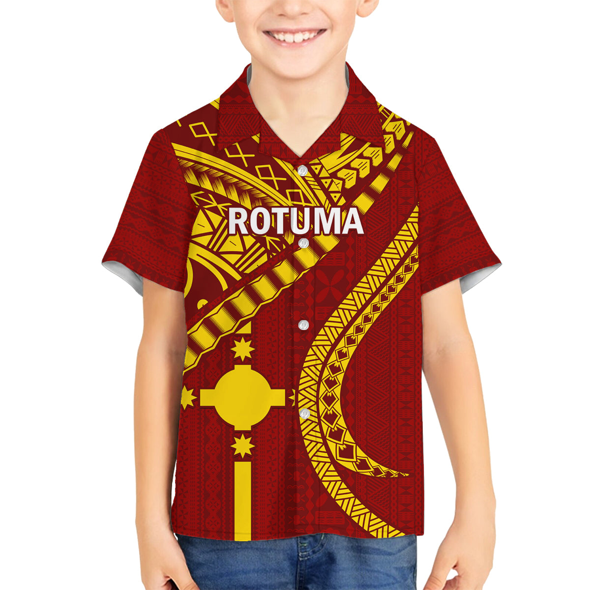 Personalised Fiji Rotuma Family Matching Off Shoulder Short Dress and Hawaiian Shirt Fijian Tapa Pattern LT14 Son's Shirt Maroon - Polynesian Pride