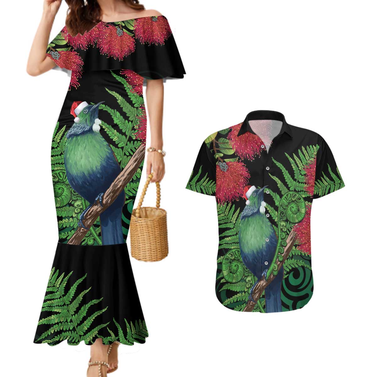 New Zealand Tui Bird Christmas Couples Matching Mermaid Dress and Hawaiian Shirt Maori Fern Mix Pohotukawa