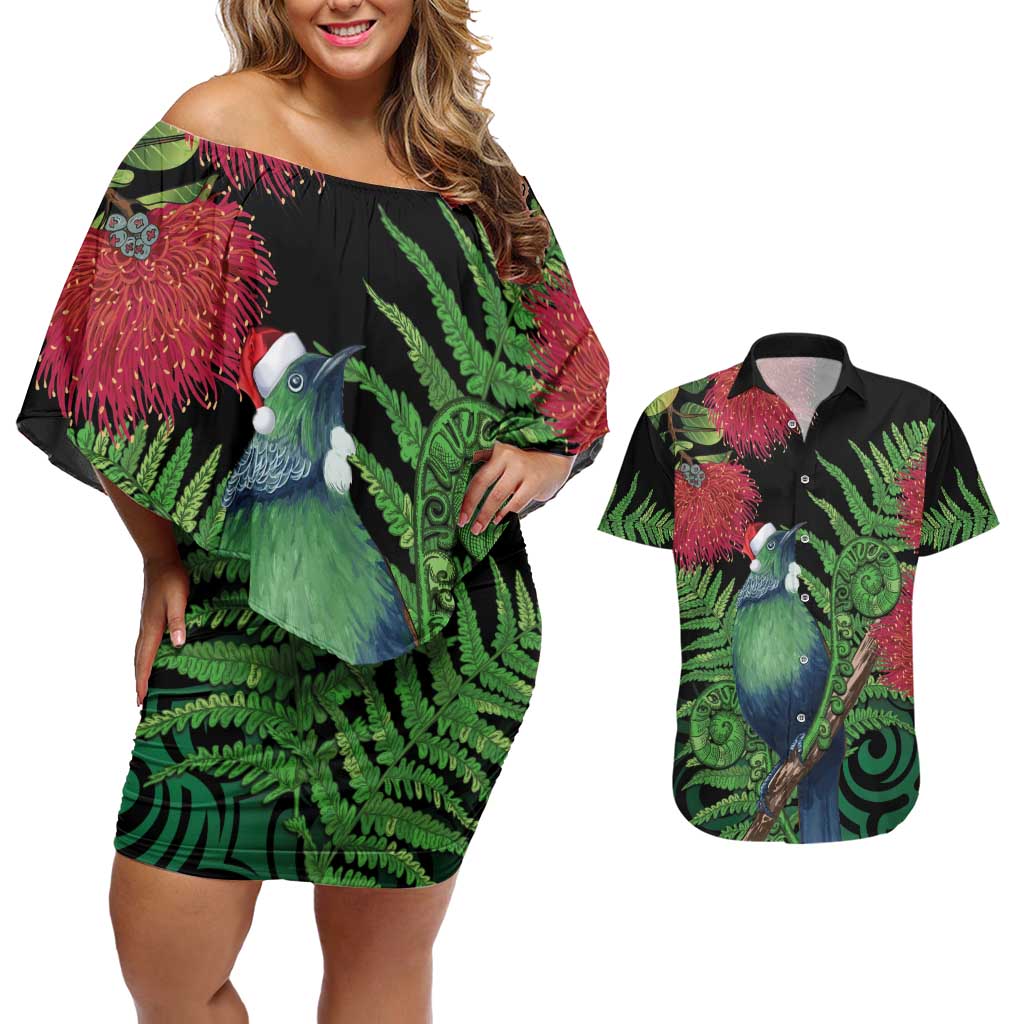 New Zealand Tui Bird Christmas Couples Matching Off Shoulder Short Dress and Hawaiian Shirt Maori Fern Mix Pohotukawa LT14 Black - Polynesian Pride
