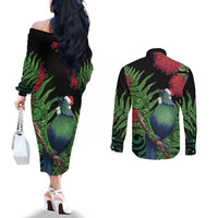 New Zealand Tui Bird Christmas Couples Matching Off The Shoulder Long Sleeve Dress and Long Sleeve Button Shirt Maori Fern Mix Pohotukawa