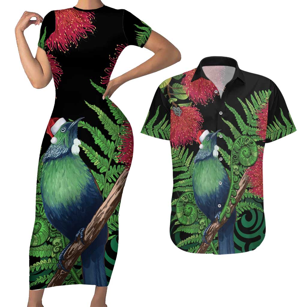 New Zealand Tui Bird Christmas Couples Matching Short Sleeve Bodycon Dress and Hawaiian Shirt Maori Fern Mix Pohotukawa