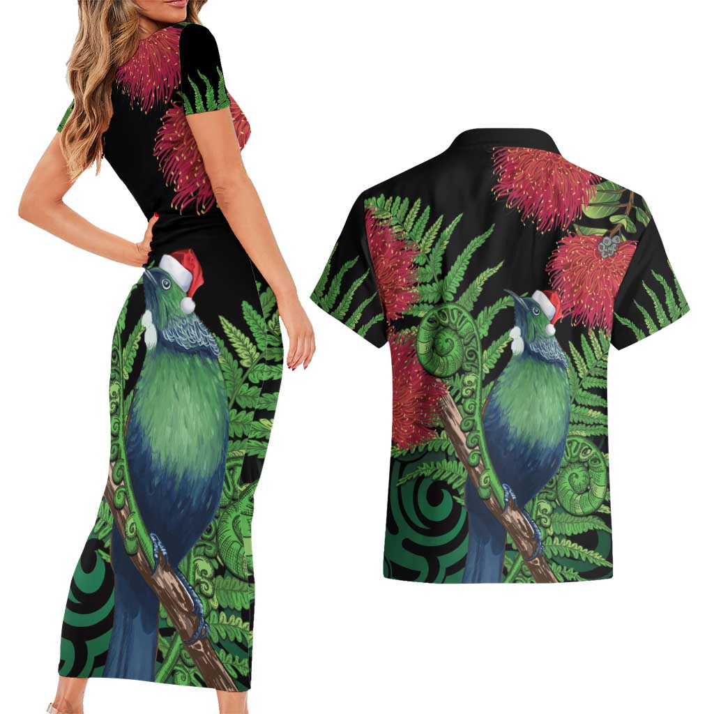 New Zealand Tui Bird Christmas Couples Matching Short Sleeve Bodycon Dress and Hawaiian Shirt Maori Fern Mix Pohotukawa