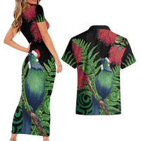 New Zealand Tui Bird Christmas Couples Matching Short Sleeve Bodycon Dress and Hawaiian Shirt Maori Fern Mix Pohotukawa