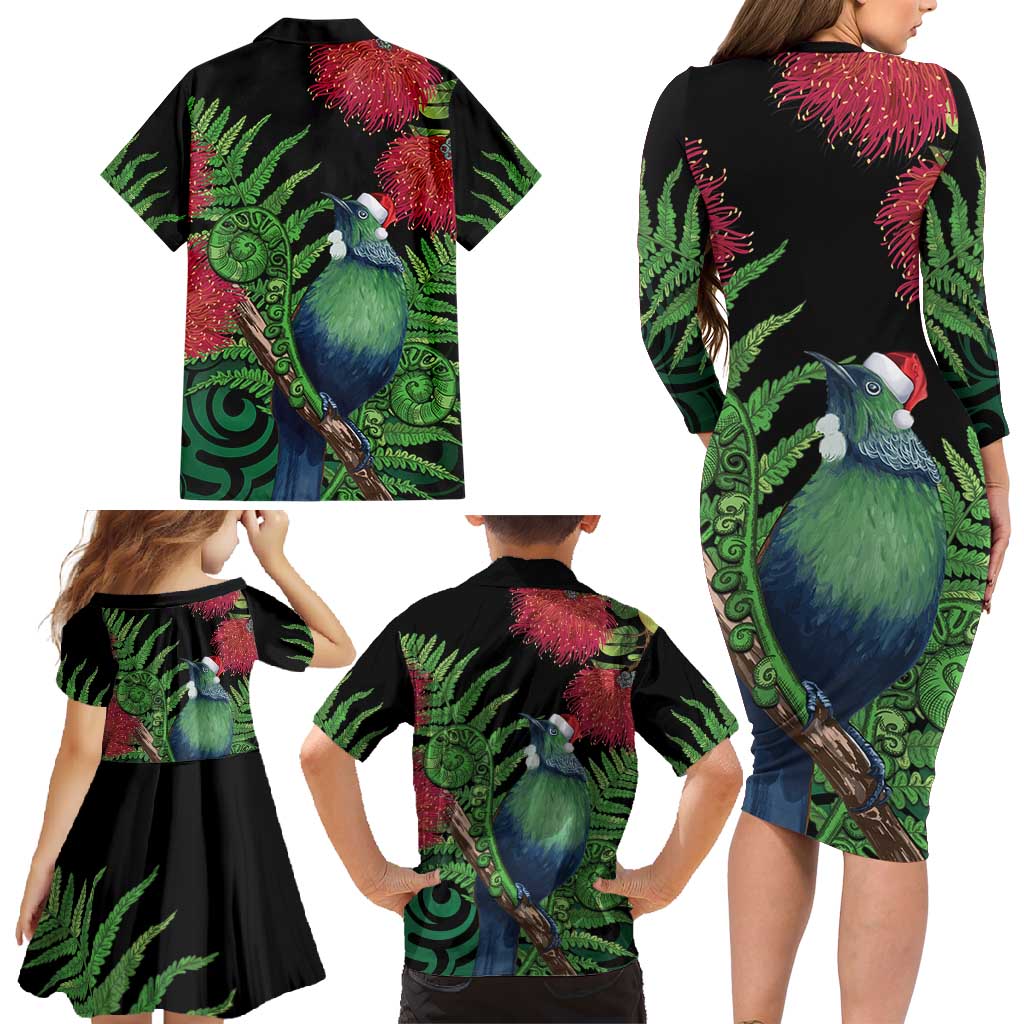 New Zealand Tui Bird Christmas Family Matching Long Sleeve Bodycon Dress and Hawaiian Shirt Maori Fern Mix Pohotukawa LT14 - Polynesian Pride