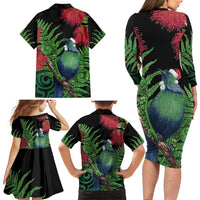 New Zealand Tui Bird Christmas Family Matching Long Sleeve Bodycon Dress and Hawaiian Shirt Maori Fern Mix Pohotukawa LT14 - Polynesian Pride