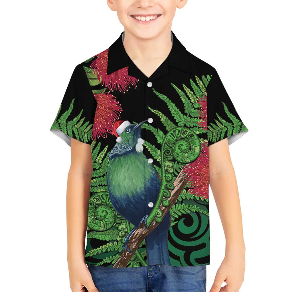 New Zealand Tui Bird Christmas Family Matching Long Sleeve Bodycon Dress and Hawaiian Shirt Maori Fern Mix Pohotukawa LT14 Son's Shirt Black - Polynesian Pride