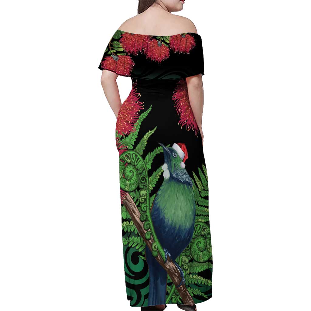 New Zealand Tui Bird Christmas Family Matching Off Shoulder Maxi Dress and Hawaiian Shirt Maori Fern Mix Pohotukawa
