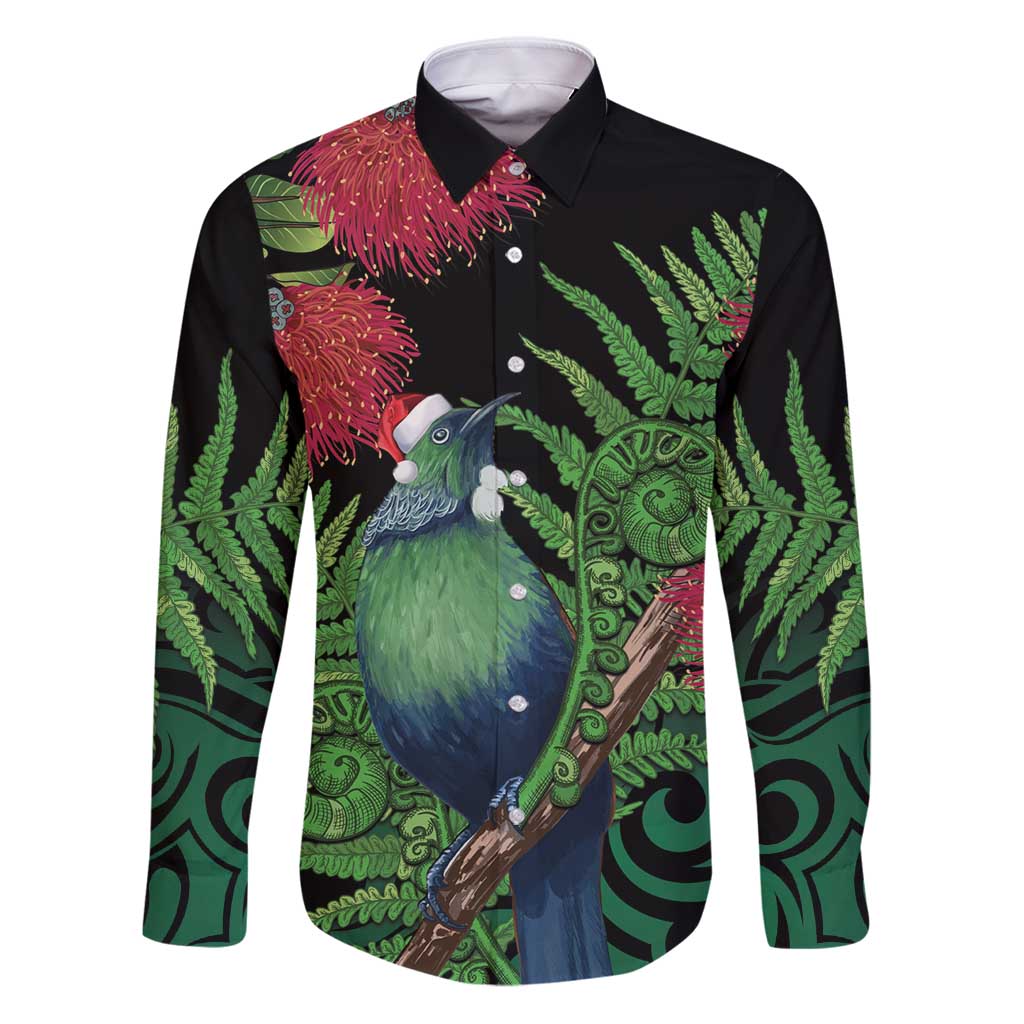New Zealand Tui Bird Christmas Family Matching Puletasi and Hawaiian Shirt Maori Fern Mix Pohotukawa LT14 Dad's Shirt - Long Sleeve Black - Polynesian Pride