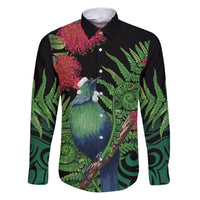 New Zealand Tui Bird Christmas Family Matching Puletasi and Hawaiian Shirt Maori Fern Mix Pohotukawa LT14 Dad's Shirt - Long Sleeve Black - Polynesian Pride